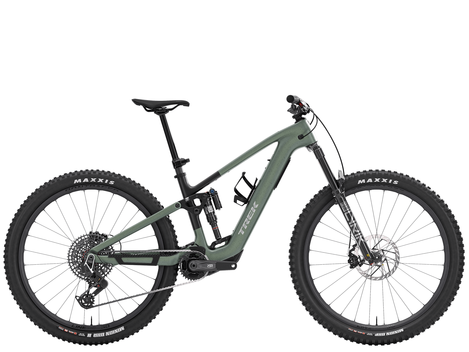 Trek Fuel+ EX 9.9 X0 AXS Gen 2 mountain bike with TQ HPR50 motor and SRAM X0 AXS components, showing the bike frame and suspension.