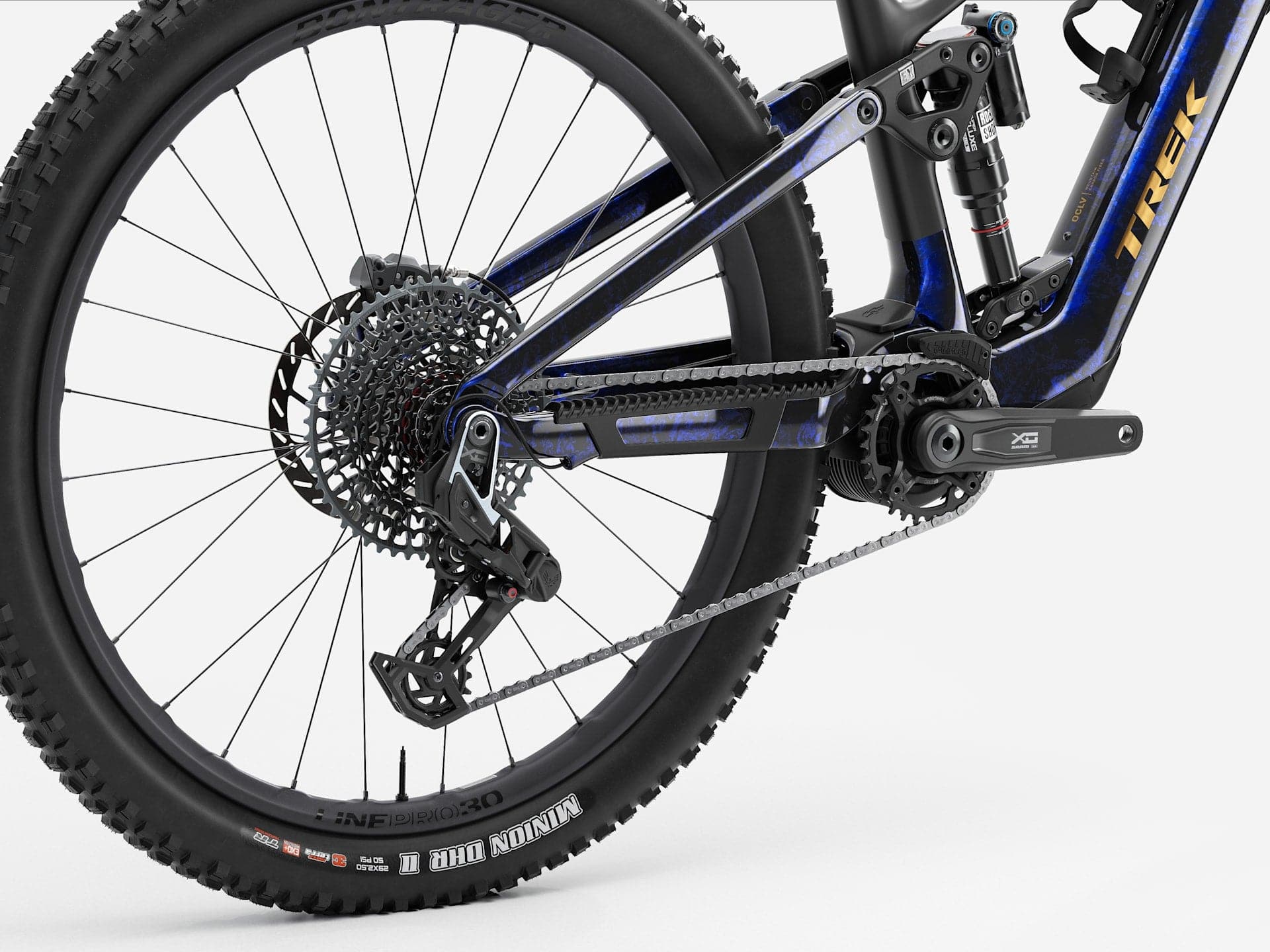 Trek Fuel+ EX 9.9 X0 AXS mountain bike with TQ HPR50 motor, SRAM X0 AXS shifters, shown in a trail riding position