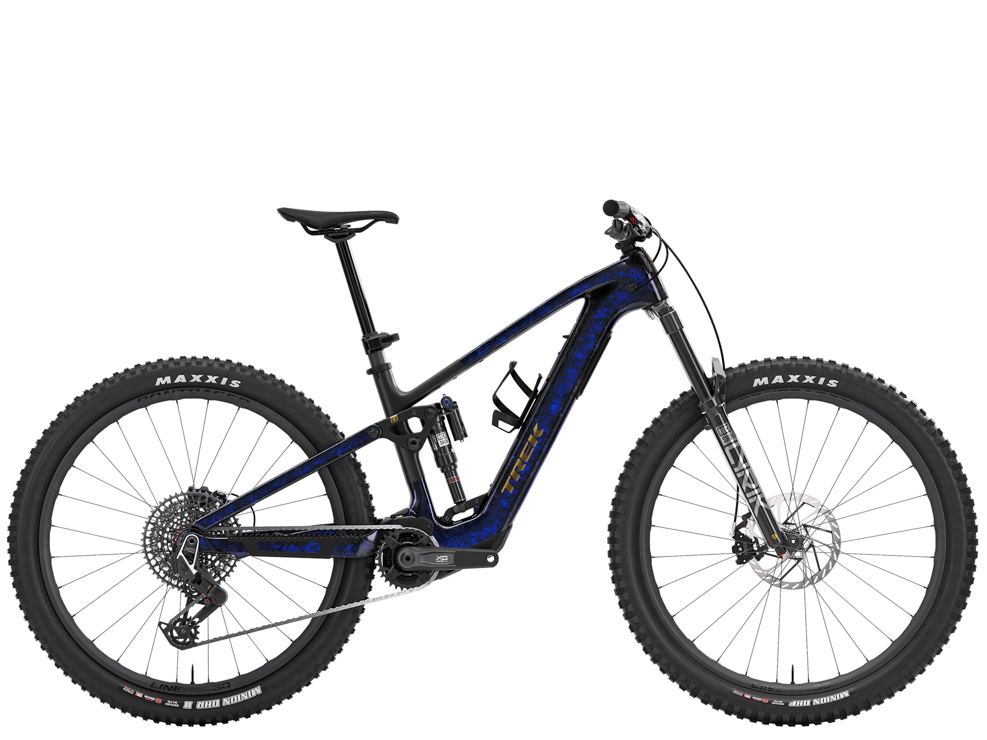 Trek Fuel+ EX 9.9 X0 AXS mountain bike with TQ HPR50 motor, SRAM X0 AXS components, and three trail configuration options.