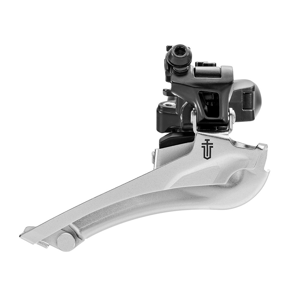 MicroSHIFT Sword black front derailleur for 2x9 speed road bikes, showing the component mounted on a bike frame.