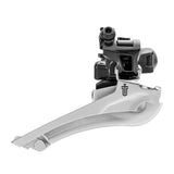 MicroSHIFT Sword black front derailleur for 2x9 speed road bikes, showing the component mounted on a bike frame.