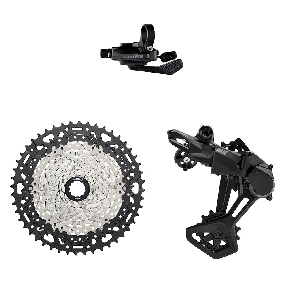 MicroSHIFT Advent MX 10-speed MTB groupset with shifter, derailleur, and 11-48T cassette shown on a bike component.