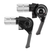 MicroSHIFT MT bar end shifters for mountain bike rear derailleur with indexed and friction modes, mounted on handlebars.