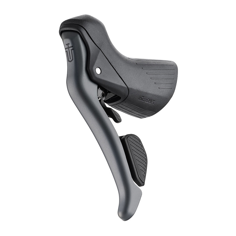 MicroSHIFT Sword 10-speed drop bar shifters for mechanical disc and road brakes, shown with ergonomic design and gear levers.