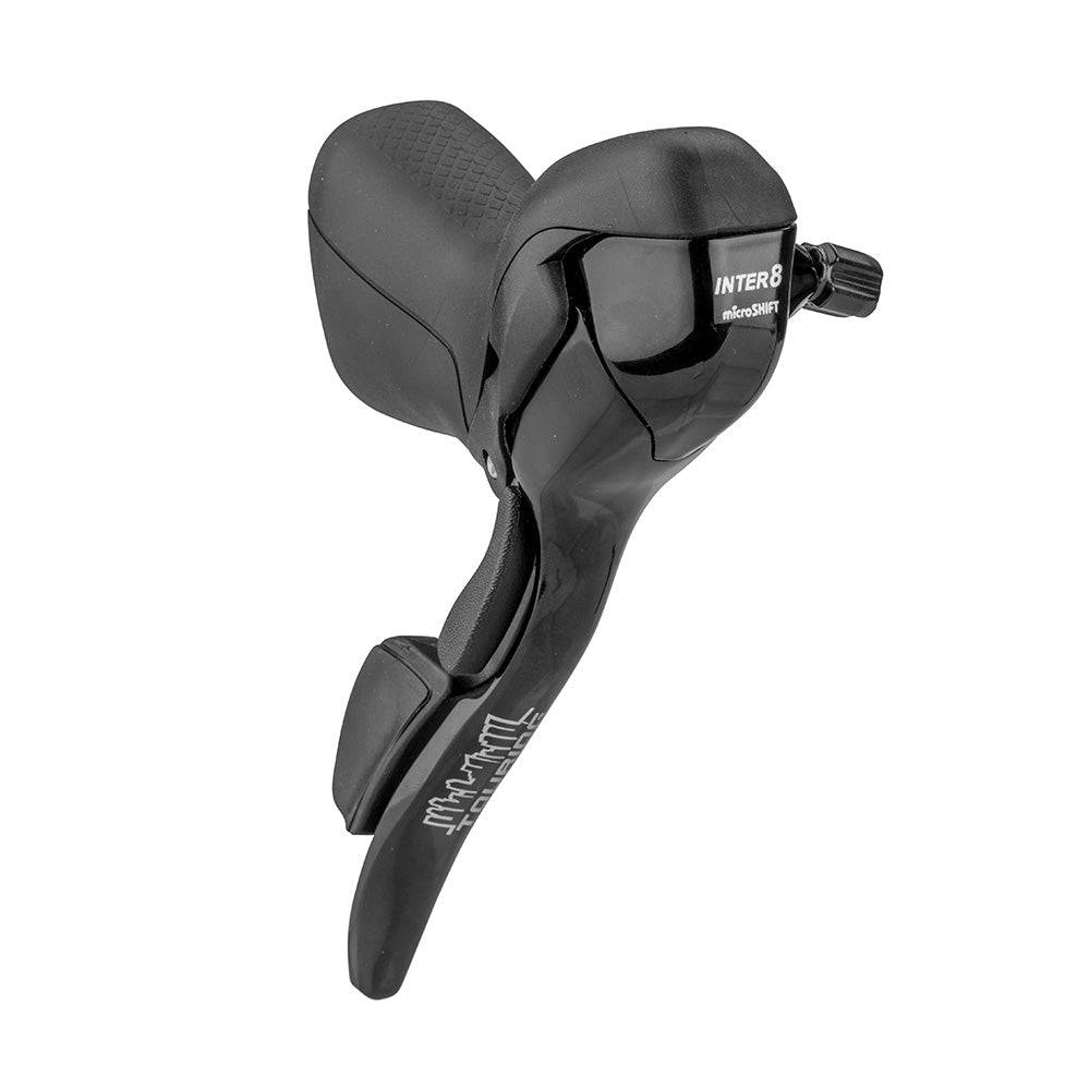 MicroSHIFT drop bar road shifters for Shimano Alfine 8 and 11 hub gears, showing ergonomic design and gear lever details.