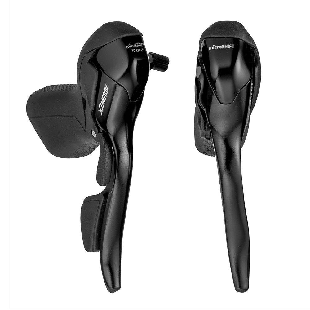 MicroSHIFT ADVENT X 1x10 drop bar road bike shifters for gear shifting, mounted on a bike handlebar.