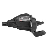 MicroSHIFT TS39 9-speed thumb tap shifters for Shimano mountain bikes, showing the ergonomic design and gear indicators.