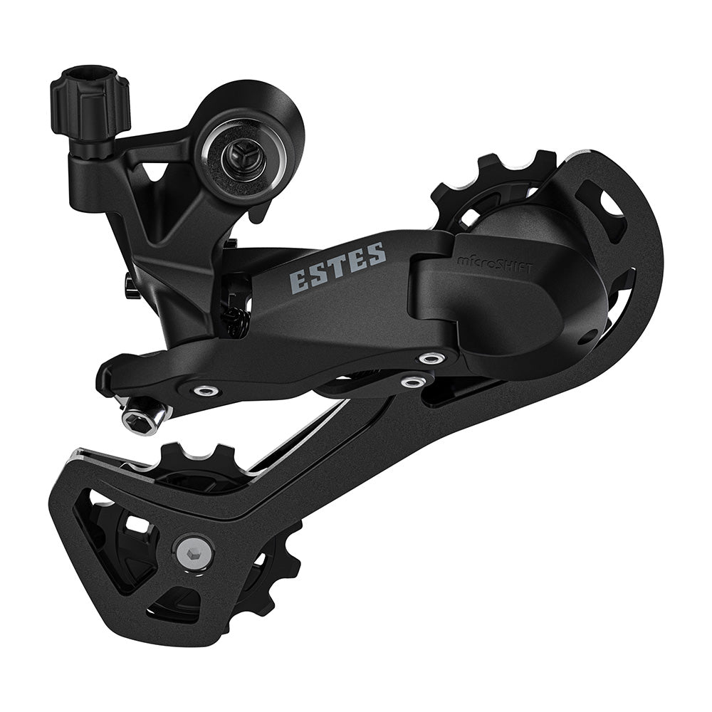 MicroSHIFT Estes M200 9-speed MTB rear derailleur with Shimano cable pull, shown in black with mounting hardware.