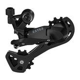 MicroSHIFT Estes M200 9-speed MTB rear derailleur with Shimano cable pull, shown in black with mounting hardware.