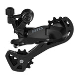 MicroSHIFT Estes M200 9-speed MTB rear derailleur with Shimano cable pull, shown in black with mounting hardware.