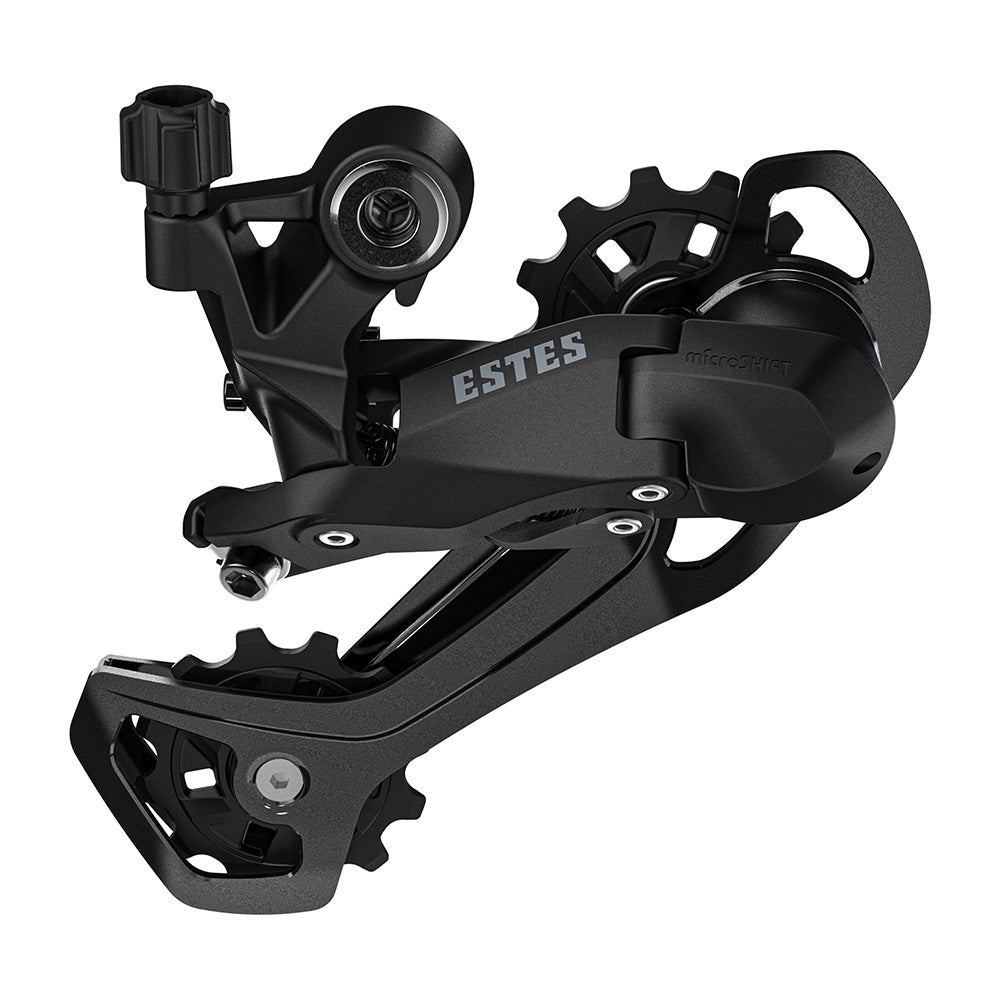 MicroSHIFT Estes M220 9-speed rear derailleur for bicycle components, showcasing the black mechanical gear shift device