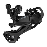 MicroSHIFT Estes M220 9-speed MTB rear derailleur with Shimano cable pull, showcasing the black component with mounting hardware.