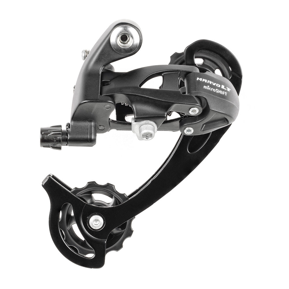 MicroSHIFT Marvo LT M46S 9-speed rear derailleur with short cage, 11T-36T sprockets, capacity 39T, installed on a bike component.