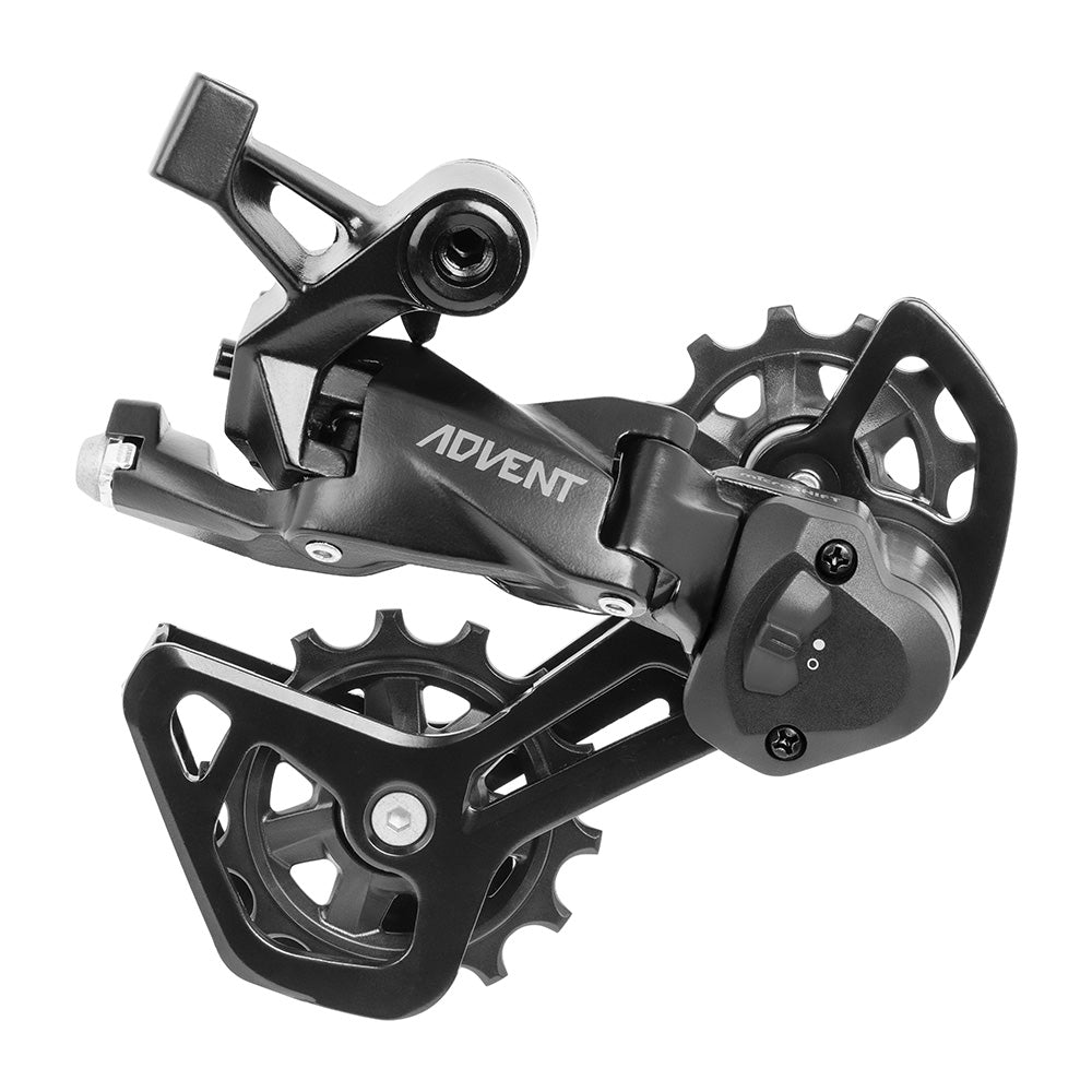 MicroSHIFT ADVENT 9-speed clutch rear derailleur for mountain bikes, showing the black Shimano-compatible component with tension arm.