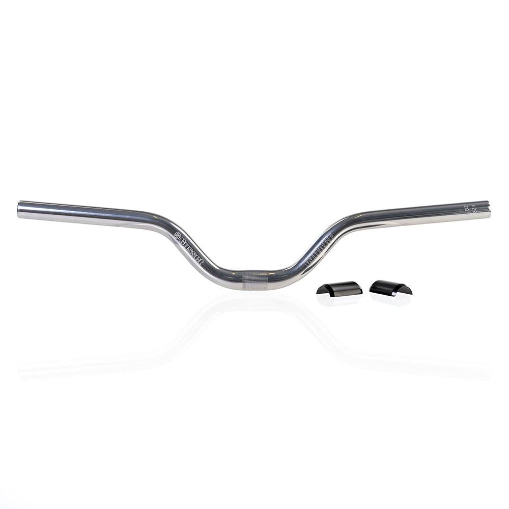 Gusset Components Wharf Bar MTB handlebar with 3-inch rise alloy construction and clamp shims for mountain biking.