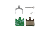 Hope Racing Green Disc Brake Pads for high-performance bicycle braking components, showcasing green brake pad material and mounting hardware.