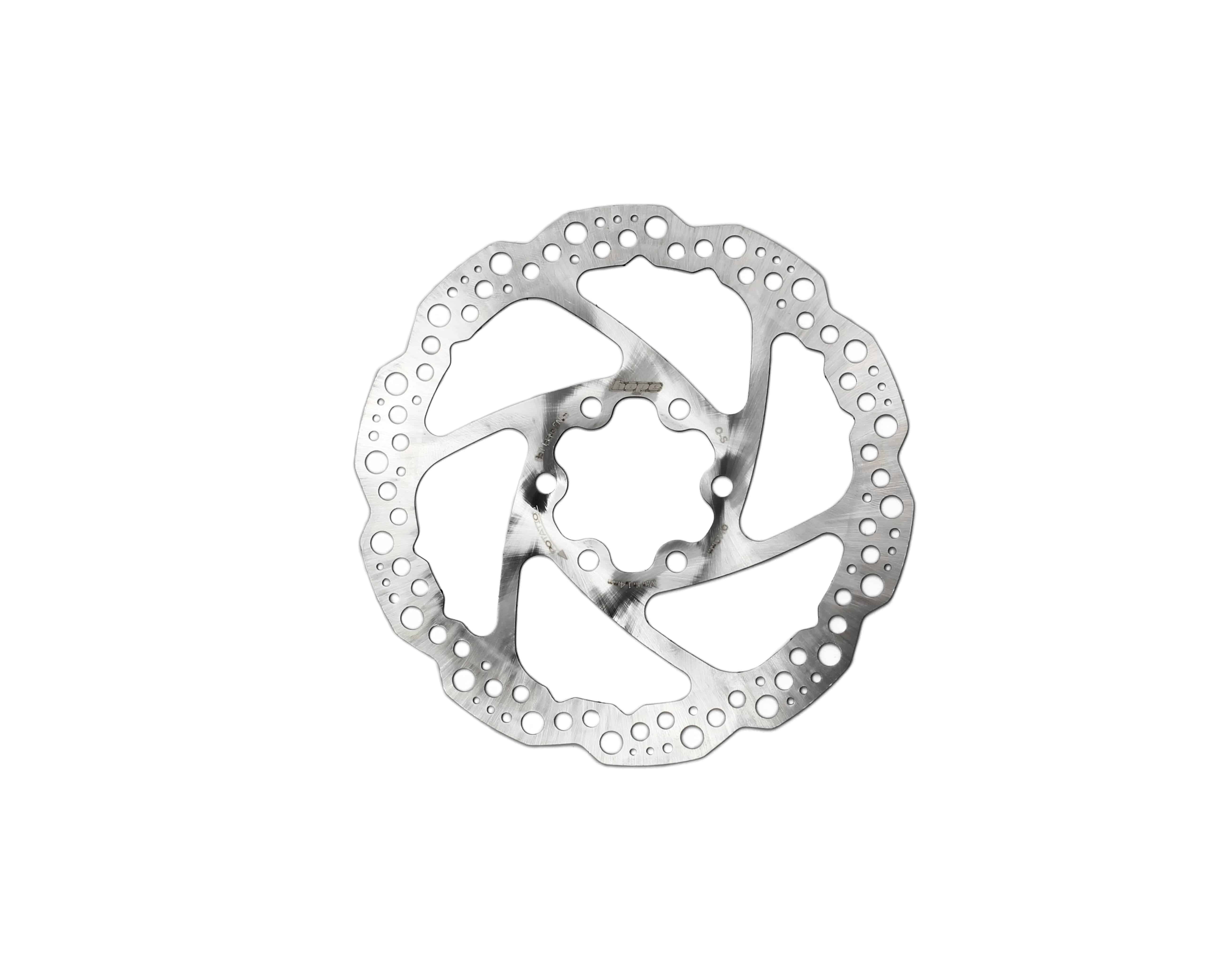 Hope Universal Standard 6 Bolt Disc Brake Rotor in multiple sizes, shown mounted on a bicycle wheel for mountain biking.