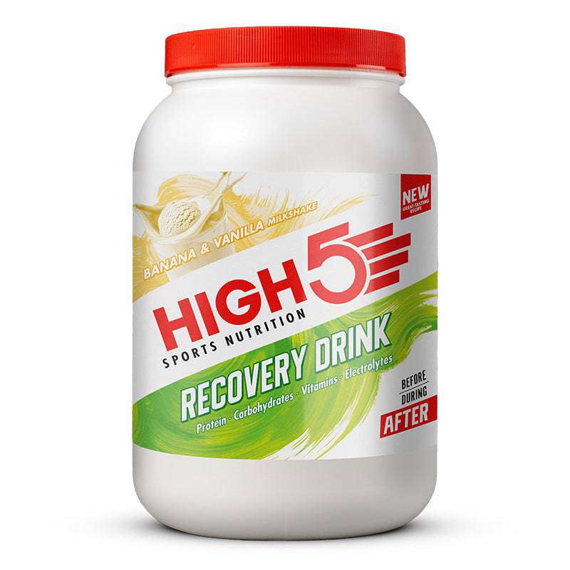 High5 recovery drink tub with banana and vanilla milkshake flavors, post-workout muscle repair and hydration supplement.