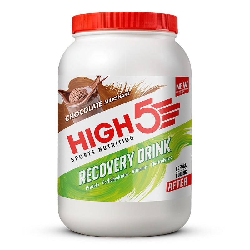 High5 Recovery Drink tub 1.6kg with chocolate milkshake flavor, designed for post-workout muscle repair and hydration.