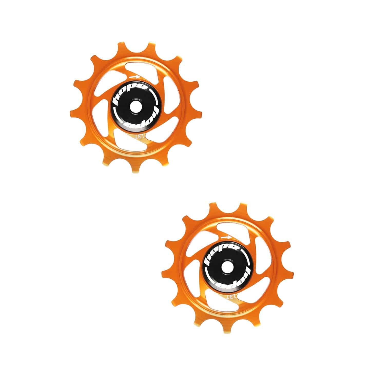 Hope 13-tooth jockey wheels for bicycle drivetrain, showcasing durable components with polished metal finish and precise gear alignment.
