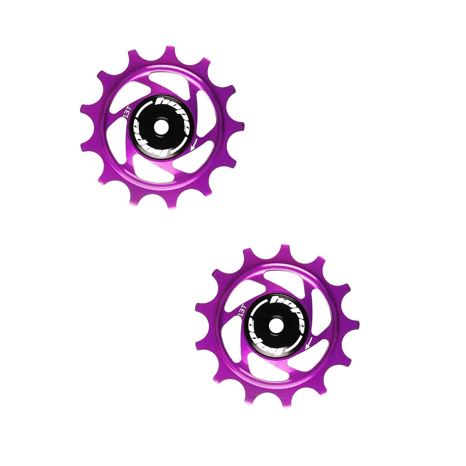 Hope 13-tooth jockey wheels for bicycle drivetrain, durable black components with silver bearings, designed to improve shifting performance.