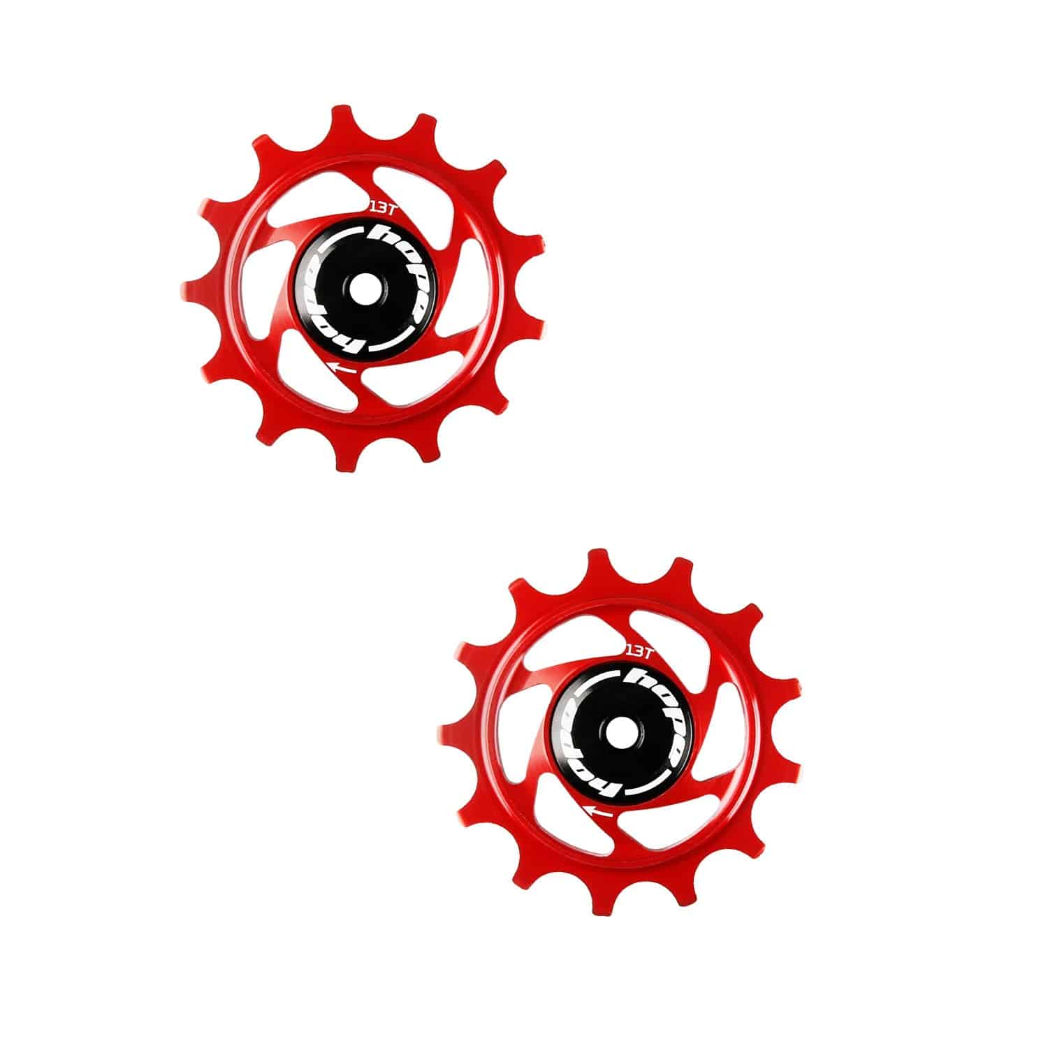 Hope 13-tooth jockey wheels for bicycle drivetrain, showing durable metal components and precise gear alignment.
