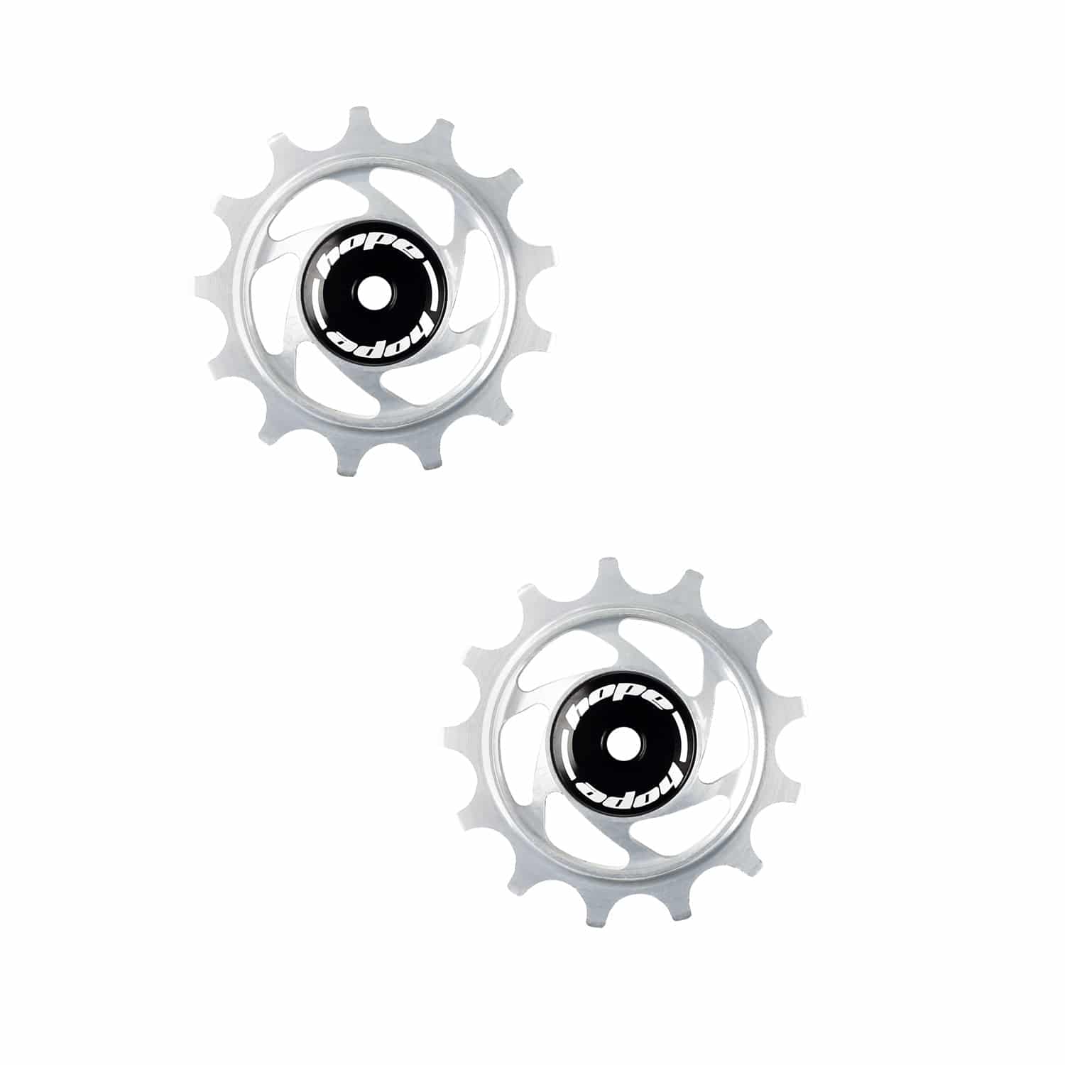 Hope 13-tooth jockey wheels for bicycle drivetrain, showcasing durable components with metal construction and smooth pulley wheels.