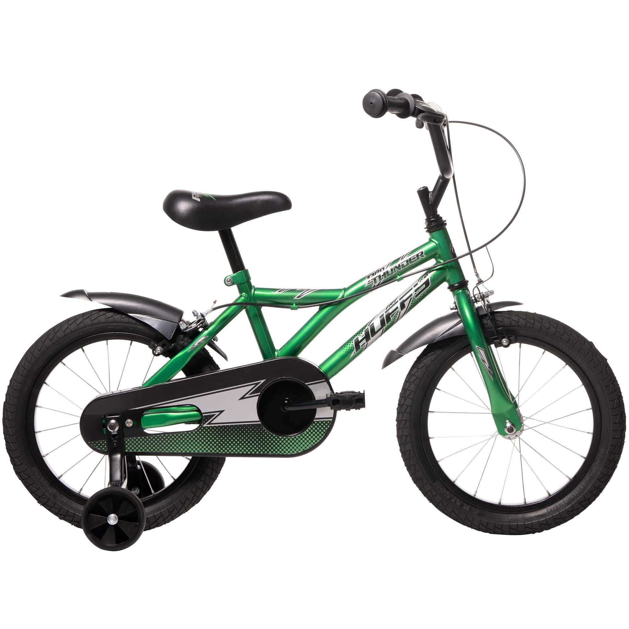 Huffy Pro Thunder 16-inch kids' bike with stabilizers and safety features, suitable for beginner riders, in vibrant colors.