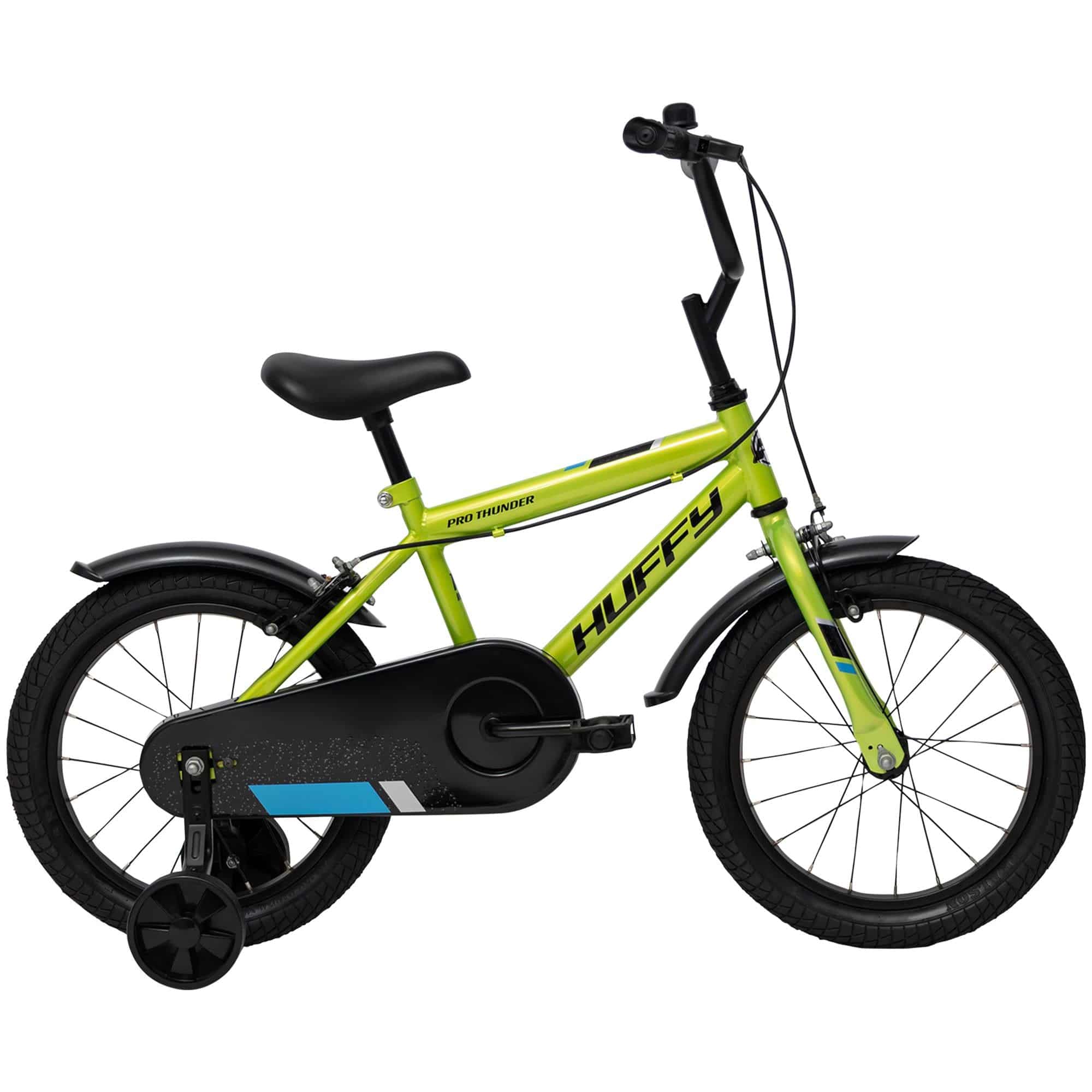 Huffy Pro Thunder 16-inch kids' bike with stabilizers and safety features for beginner riders, shown outdoors with colorful design