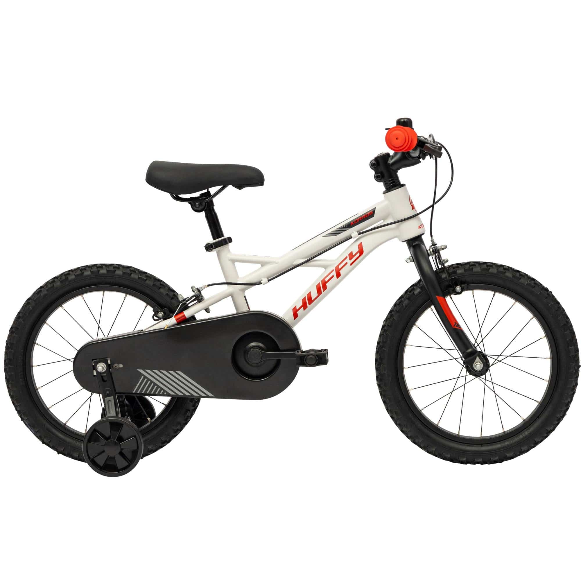 Huffy Korros 16-inch kids mountain bike in matte cloud grey with removable stabilizers, sturdy frame and knobby tires.