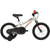 Huffy Korros 16-inch kids mountain bike in matte cloud grey with removable stabilizers, sturdy frame and knobby tires.