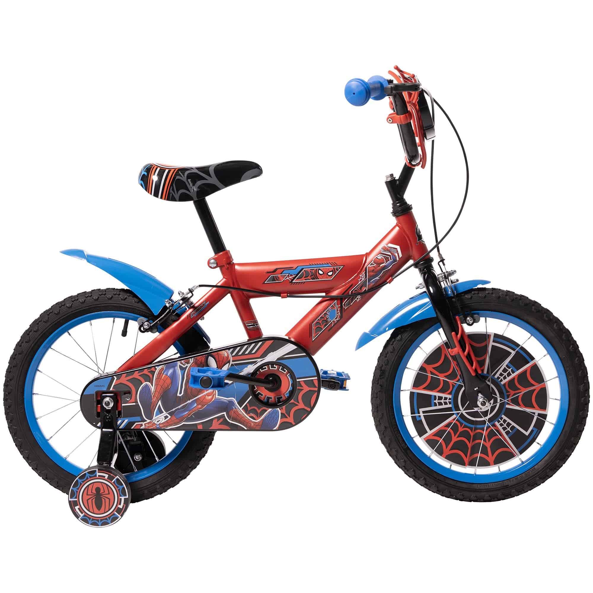 Huffy Marvel Spider-Man 16-inch kids' single-speed bike with red frame and stabilizers, featuring Spider-Man graphics and handlebar padding.