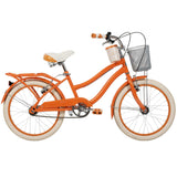 Huffy Deluxe Cruiser Kids Bike 20-inch in orange with basket, cup holder, and rear rack, designed for young riders.