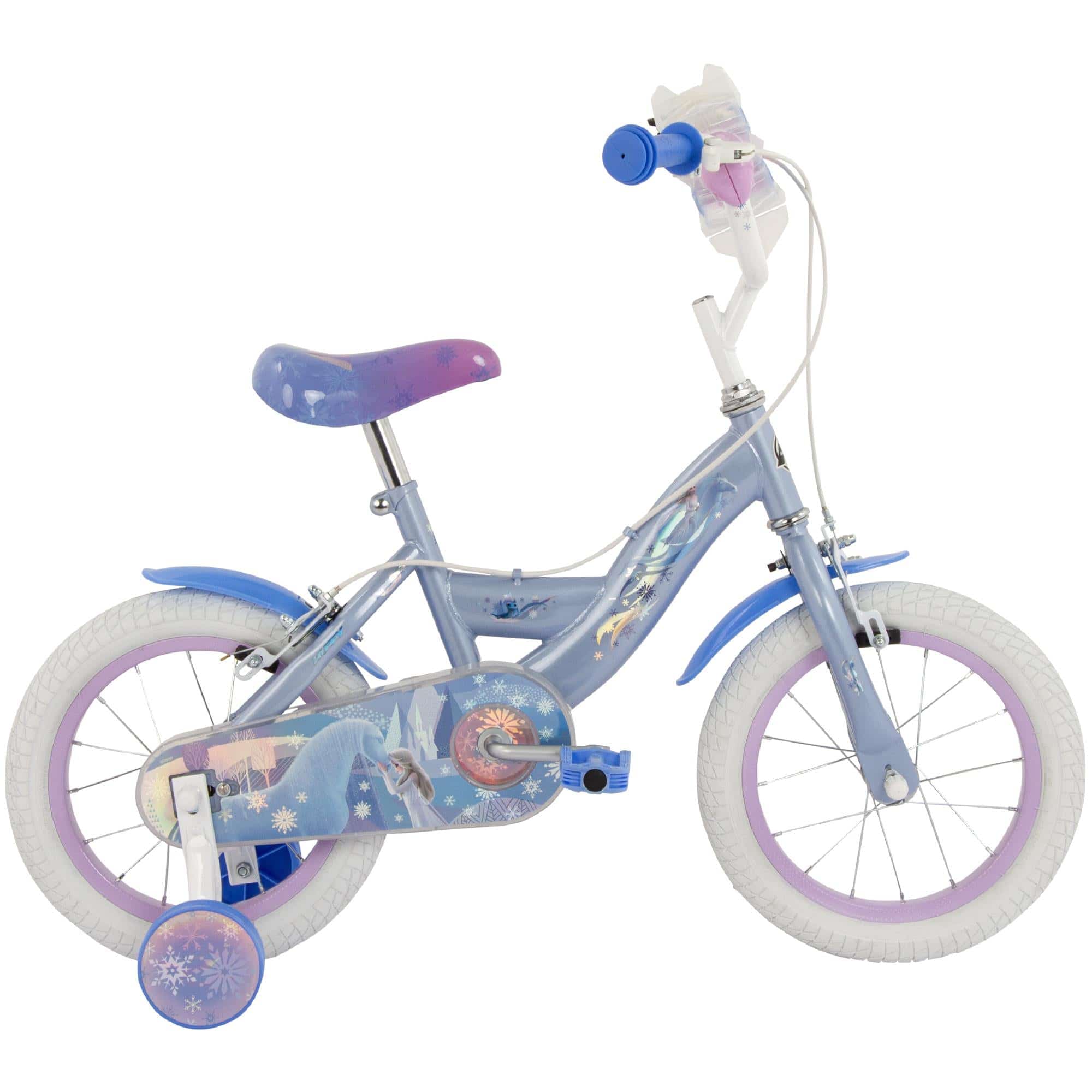 Huffy Disney Frozen 14-inch kids bike with silver and blue frame, removable stabilizers, suitable for young children.