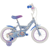 Huffy Disney Frozen 14-inch kids bike with silver and blue frame, removable stabilizers, suitable for young children.
