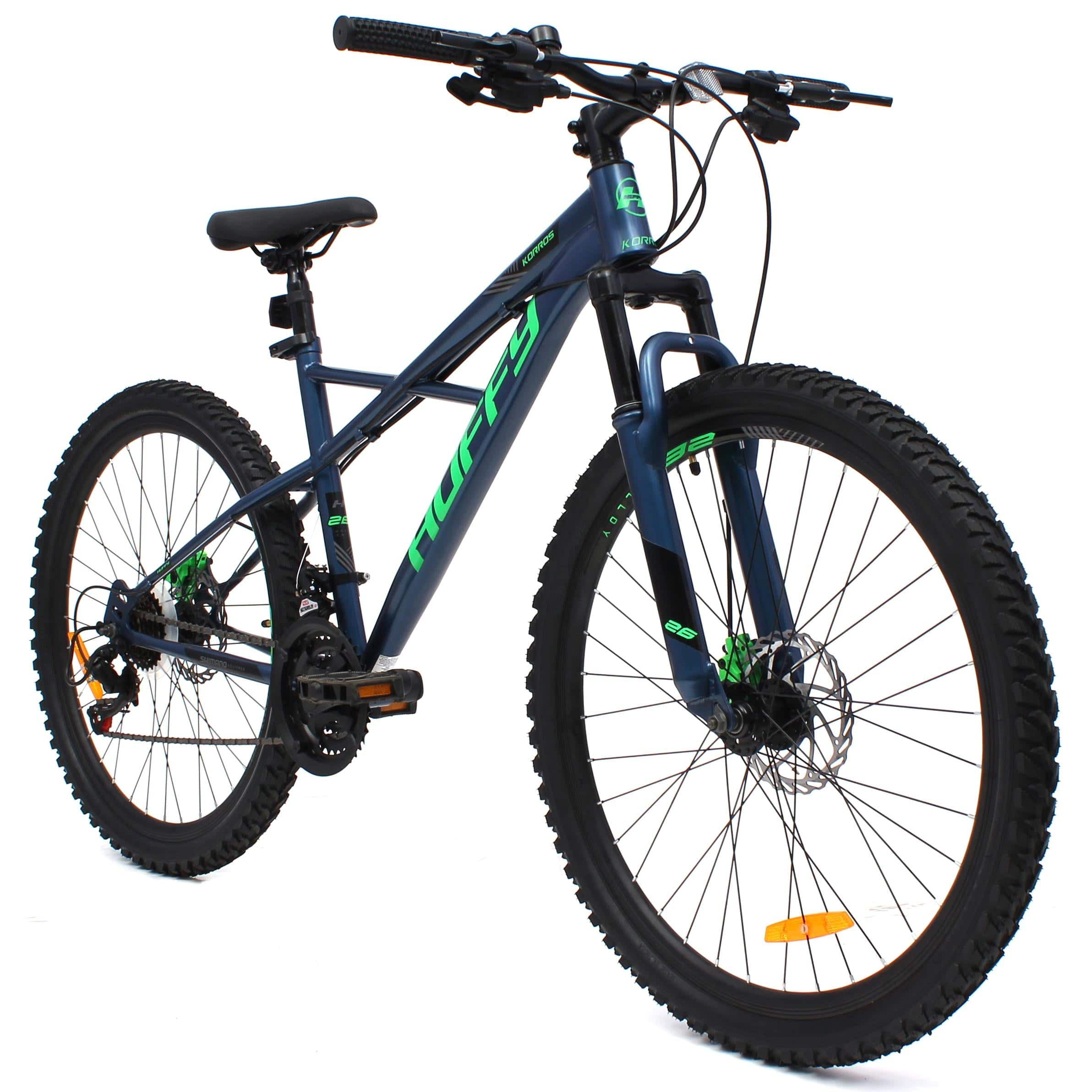 Huffy Korros 26-inch mountain bike with 21-speed Shimano gears and sturdy frame, suitable for trail riding and outdoor adventures.