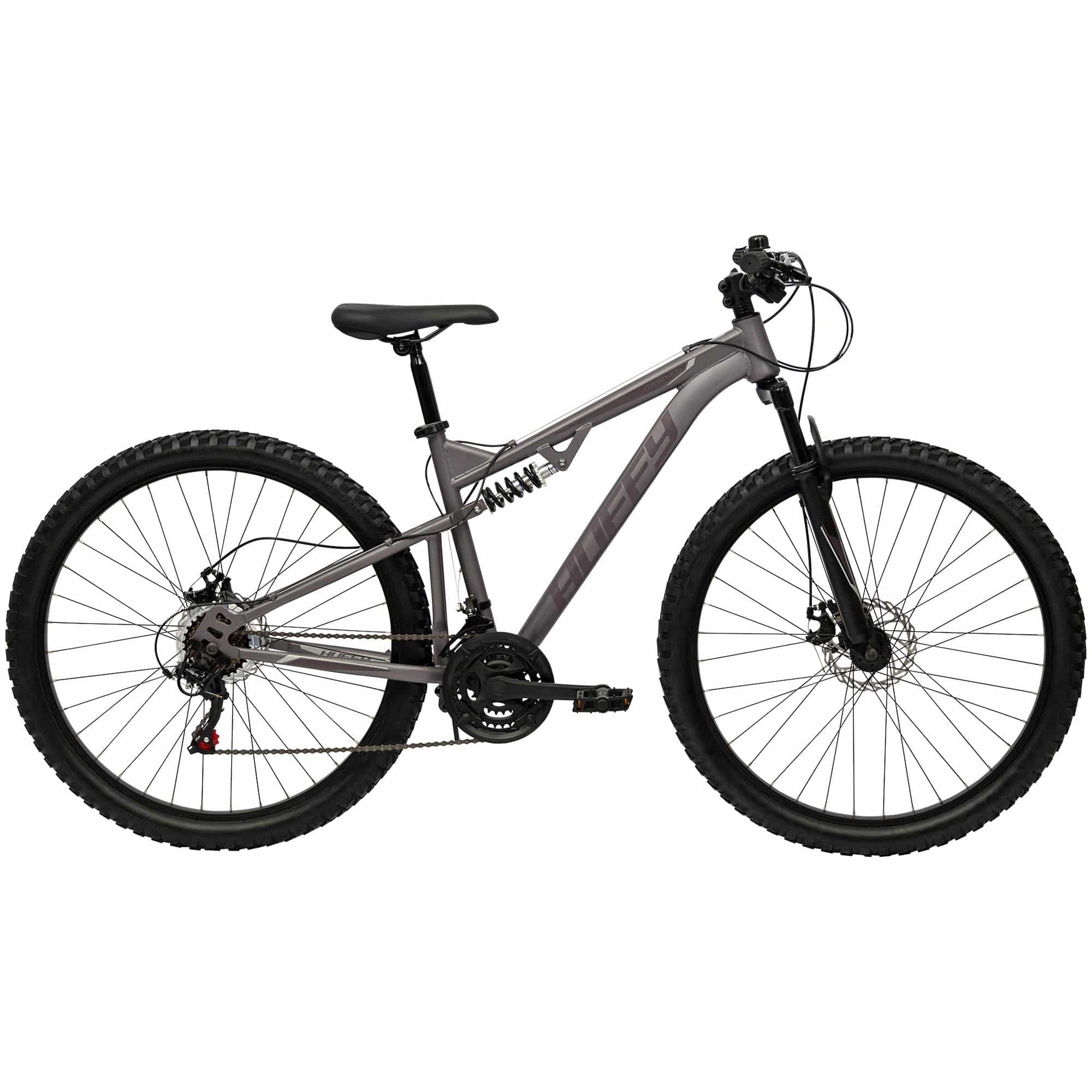 Huffy 27.5-inch full suspension mountain bike with 21-speed gears in matte heather finish, designed for rugged outdoor riding.