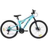 Huffy Marker 26-inch full suspension mountain bike with 21-speed Shimano gears and front disc brake, ready for off-road riding.