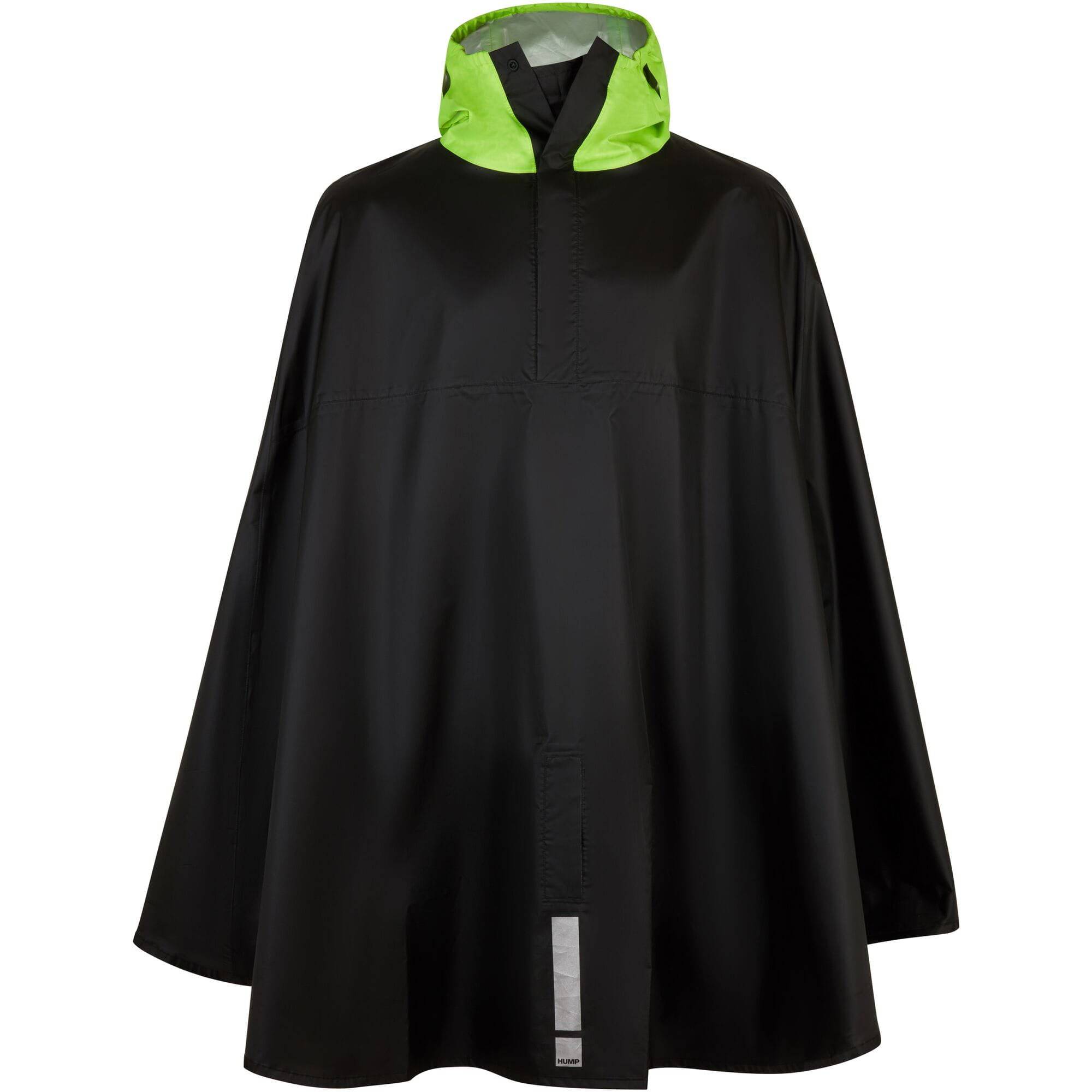Black HUMP reflective waterproof poncho with hood and handlebar attachments, designed for outdoor riding and visibility.