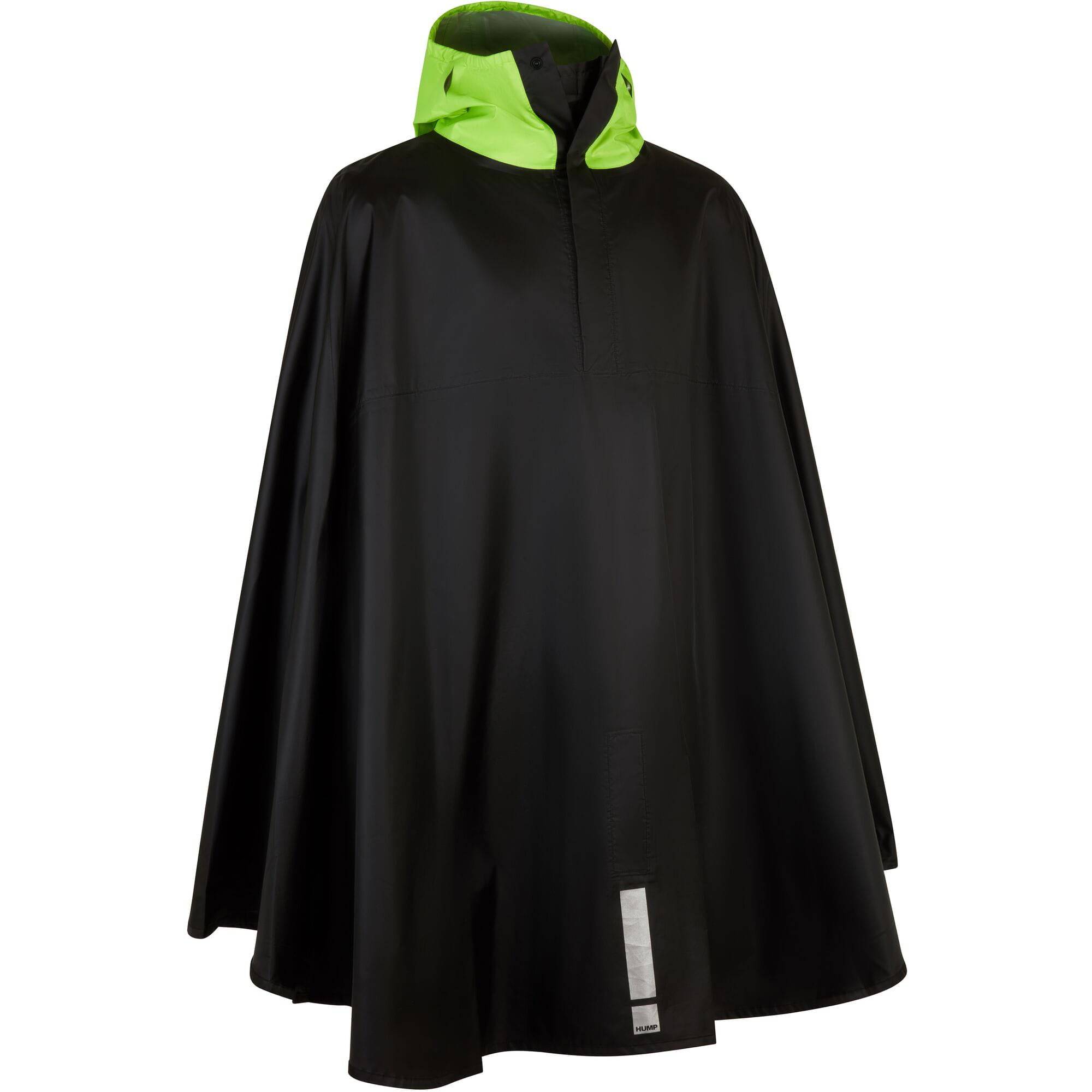 Black HUMP reflective waterproof poncho with hood and handlebar attachments, designed for outdoor riding and weather protection.