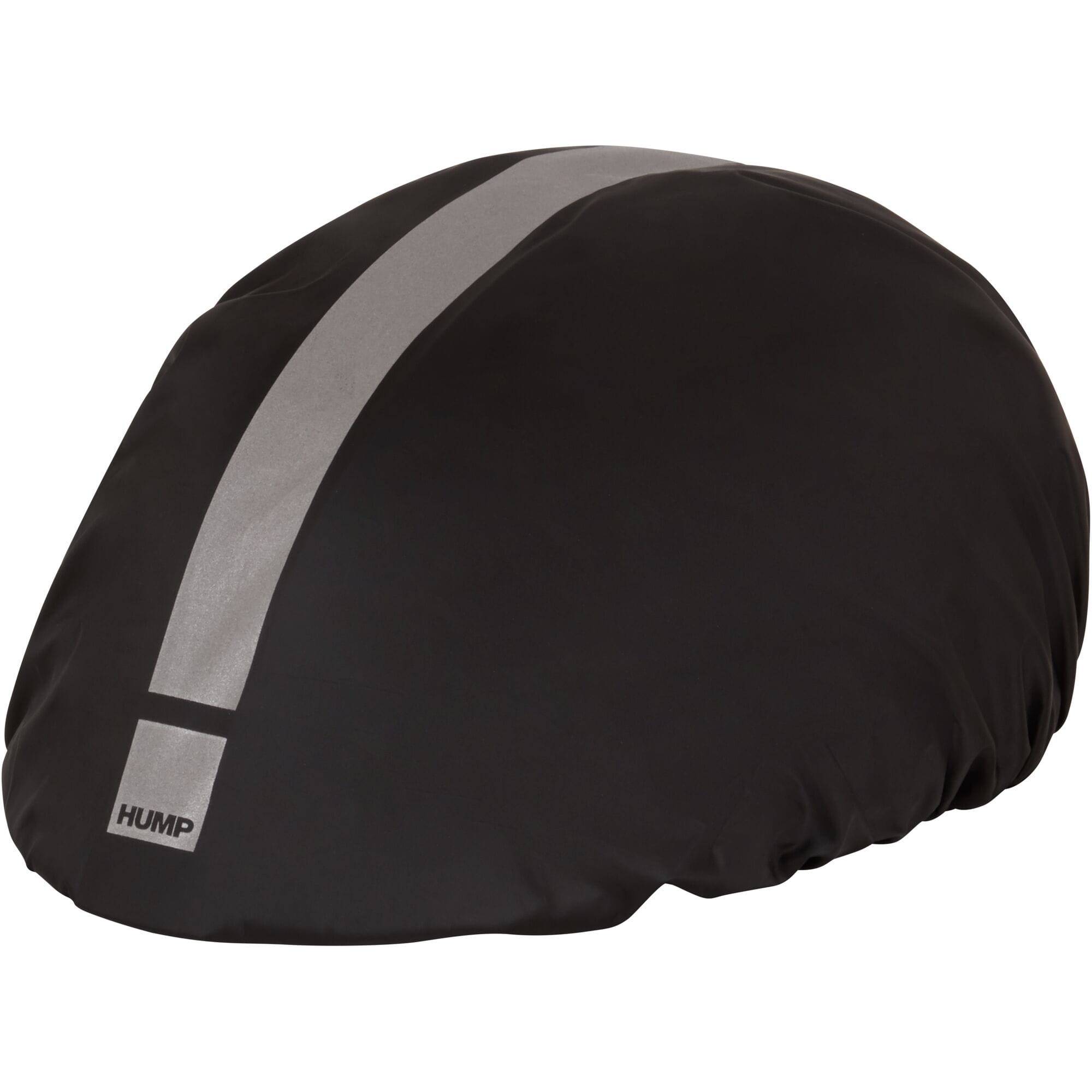 HUMP reflective waterproof helmet cover with elastic binding, designed for adult helmets, showing bright reflective material and elastic edges.