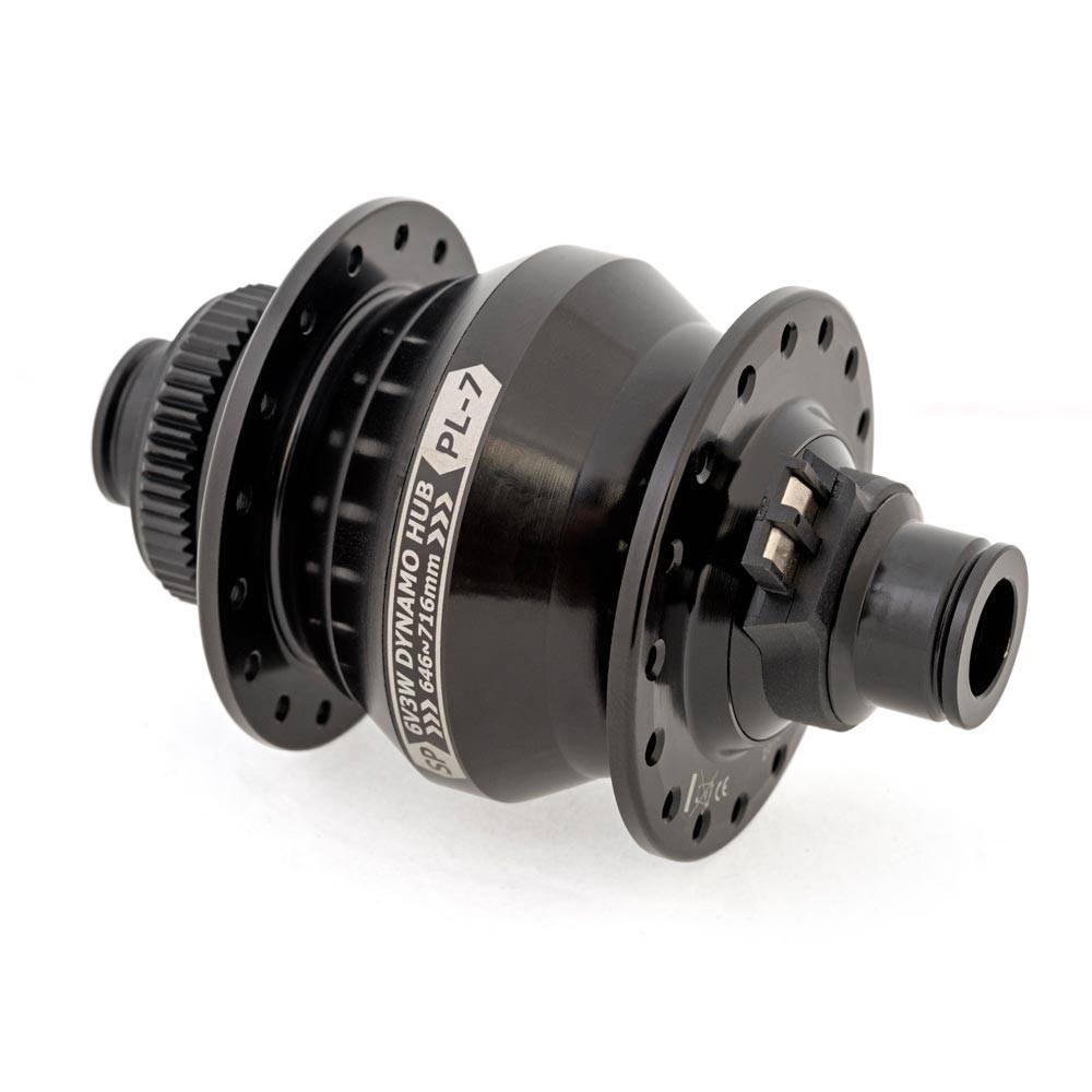 SP PL-7 Power Dynamo Hub 6V3W for bike lighting and USB charging, displaying the compact hub with wiring and mounting details.