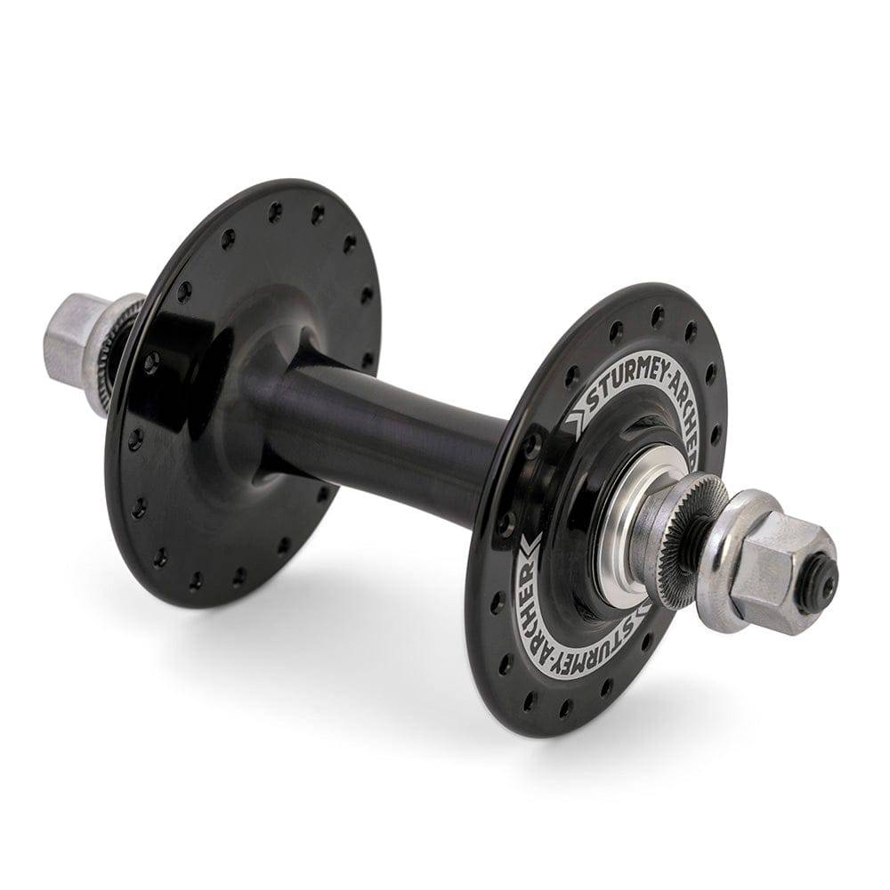 Sturmey Archer front track hub with double anodised finish, designed for fixed gear bikes, showcasing polished metal components.