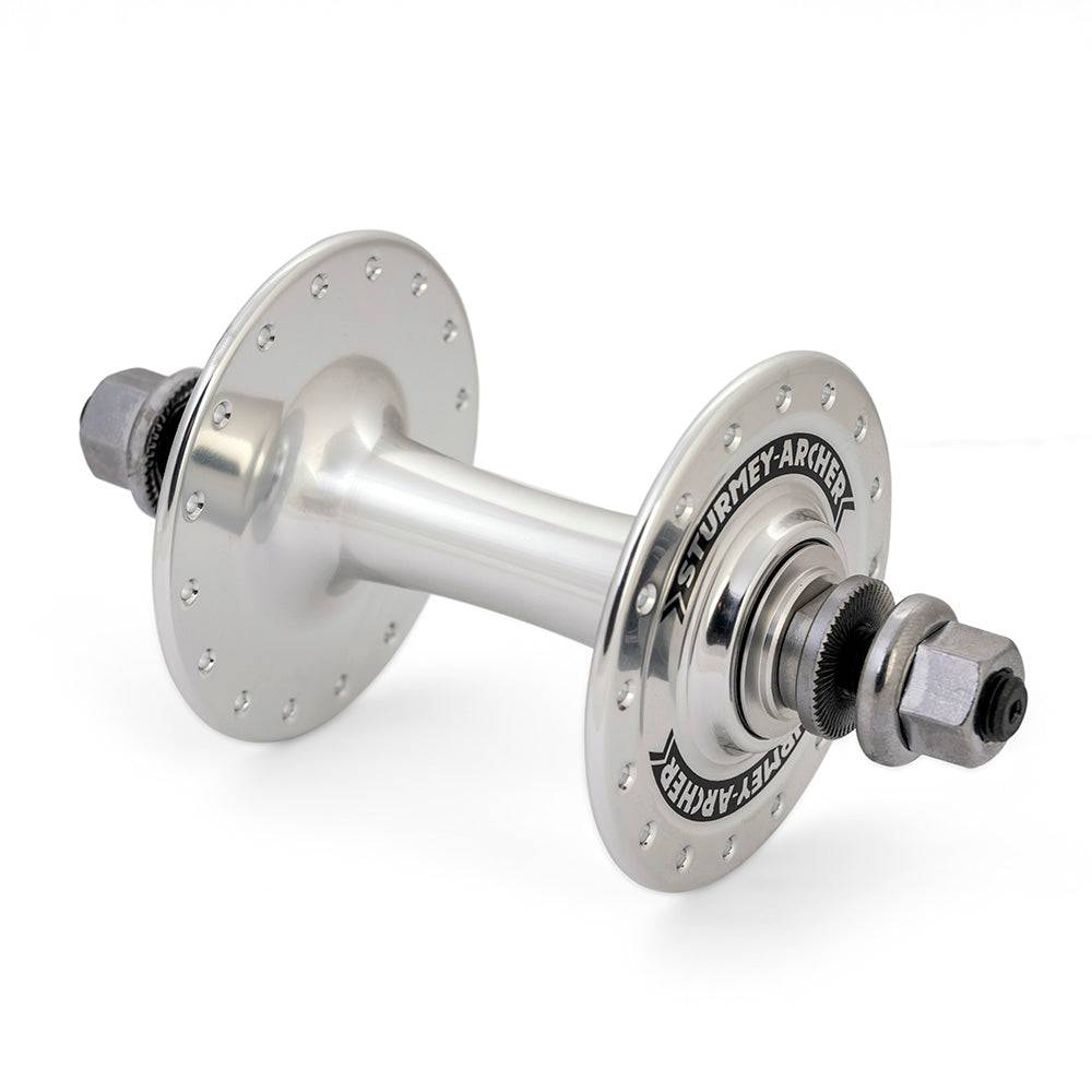 Sturmey Archer front track hub with double anodised finish for fixed gear bikes, showcasing polished metal and precision components.
