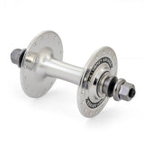 Sturmey Archer front track hub with double anodised finish for fixed gear bikes, showcasing polished metal and precision components.