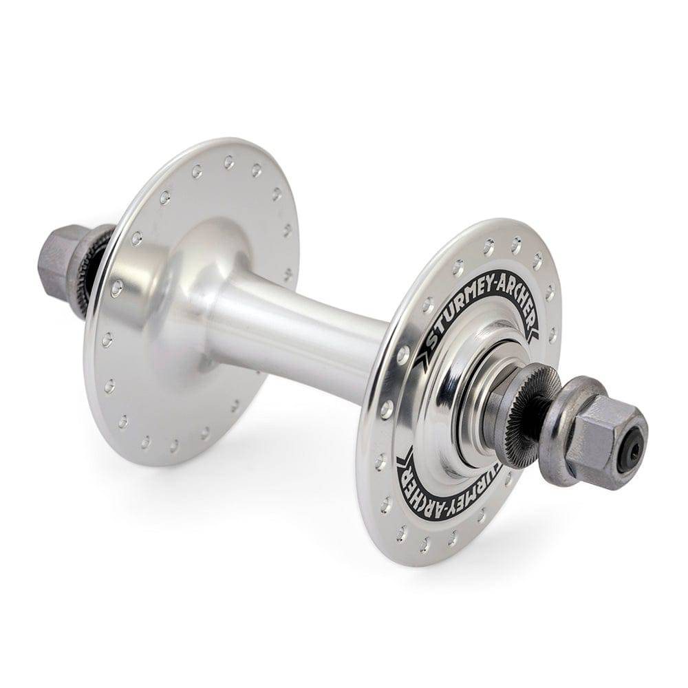 Sturmey Archer front track hub with double anodised finish for fixed gear bikes, showcasing durable bicycle component.
