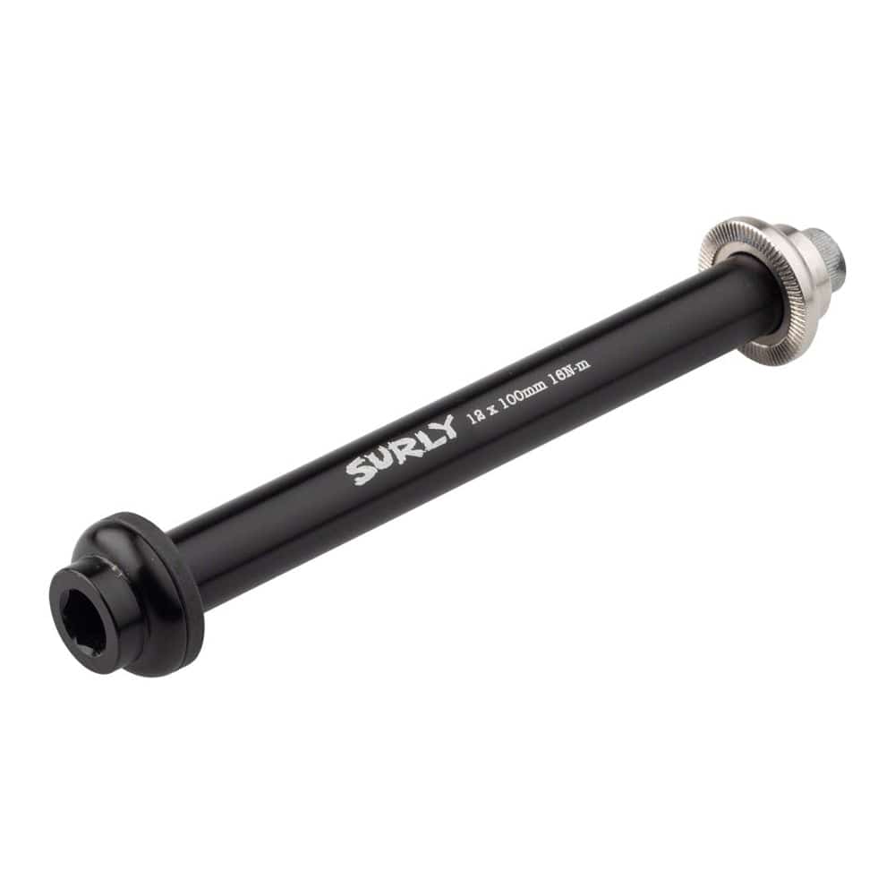 Surly Parts V2 Thru-Axles for bike wheel alignment and secure fit, showing shiny metal components and threading details.
