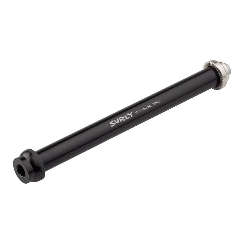 Surly V2 Thru-Axles for bike wheel alignment and secure fit, shown in a close-up image of the components.