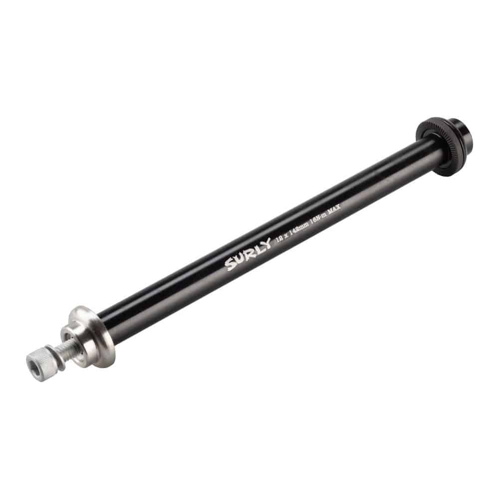 Surly V2 Thru-Axles for bike wheel alignment and secure fit, shown in a close-up image with metal construction.