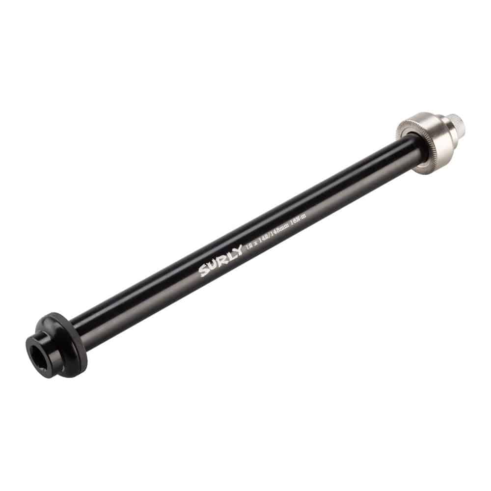 Surly V2 thru-axles for bike components, featuring secure fit and precise wheel alignment, shown in the image.